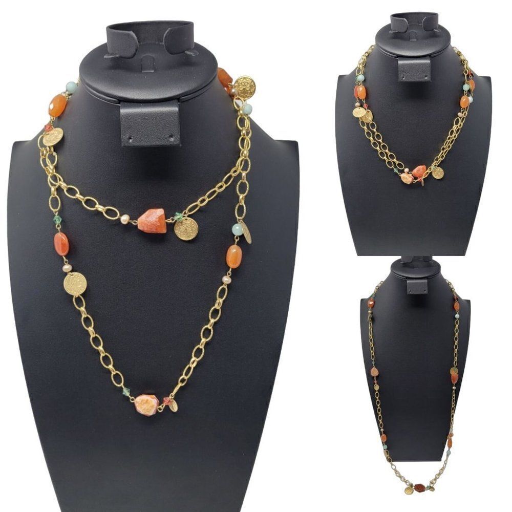 Vintage Signed Gold Tone Textured Cable Chain Flapper Necklace Coin Amber Charms